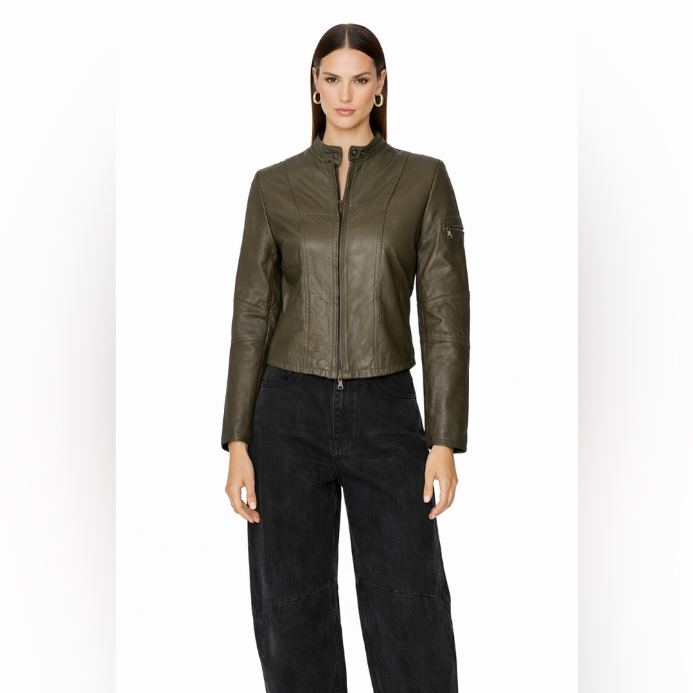 Rossodisera Italian Leather Moto Jacket Olive Green Fitted Minimalist Size M